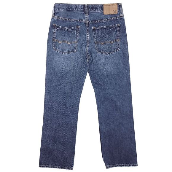 Y2K American Eagle Straight Jeans Mens 28x27 Blue 100% Cotton Distress 9.5" Rise - Picture 6 of 7